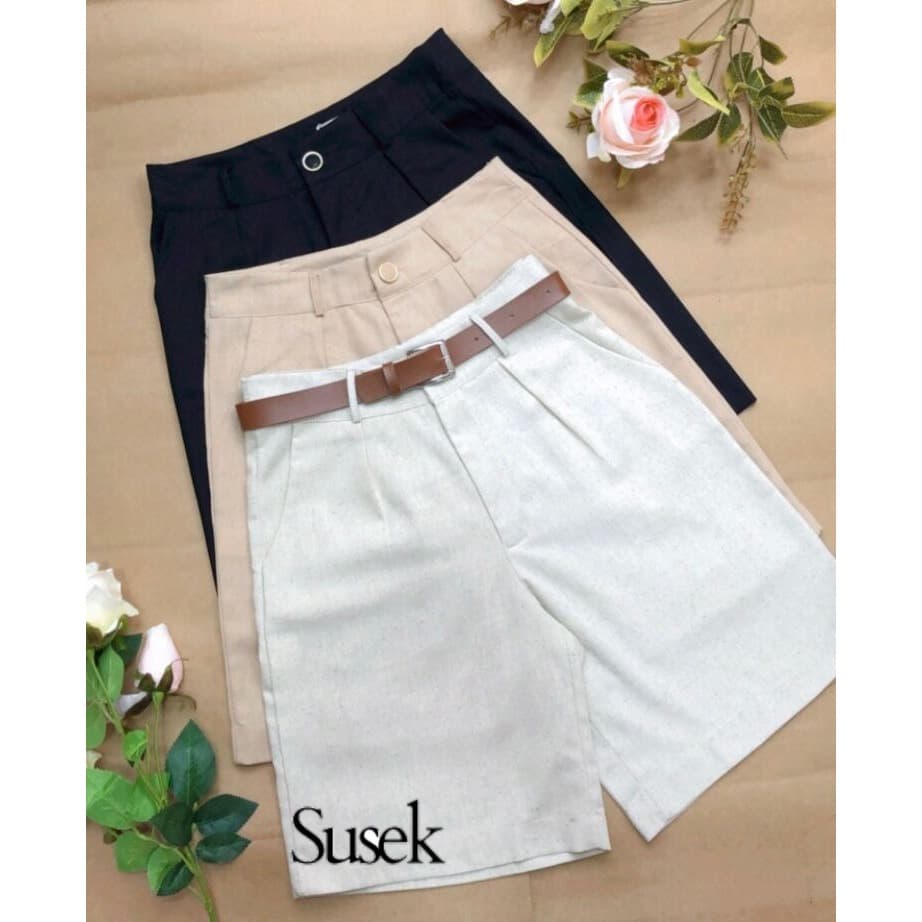 Casual Shorts Liso com Bolsos para Mulheres Com Cinto Linho 135