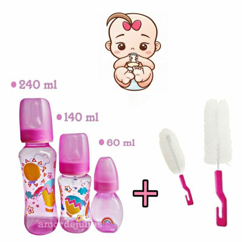 Kit 3 Mamadeiras + 2 Escovas Limpa Mamadeiras