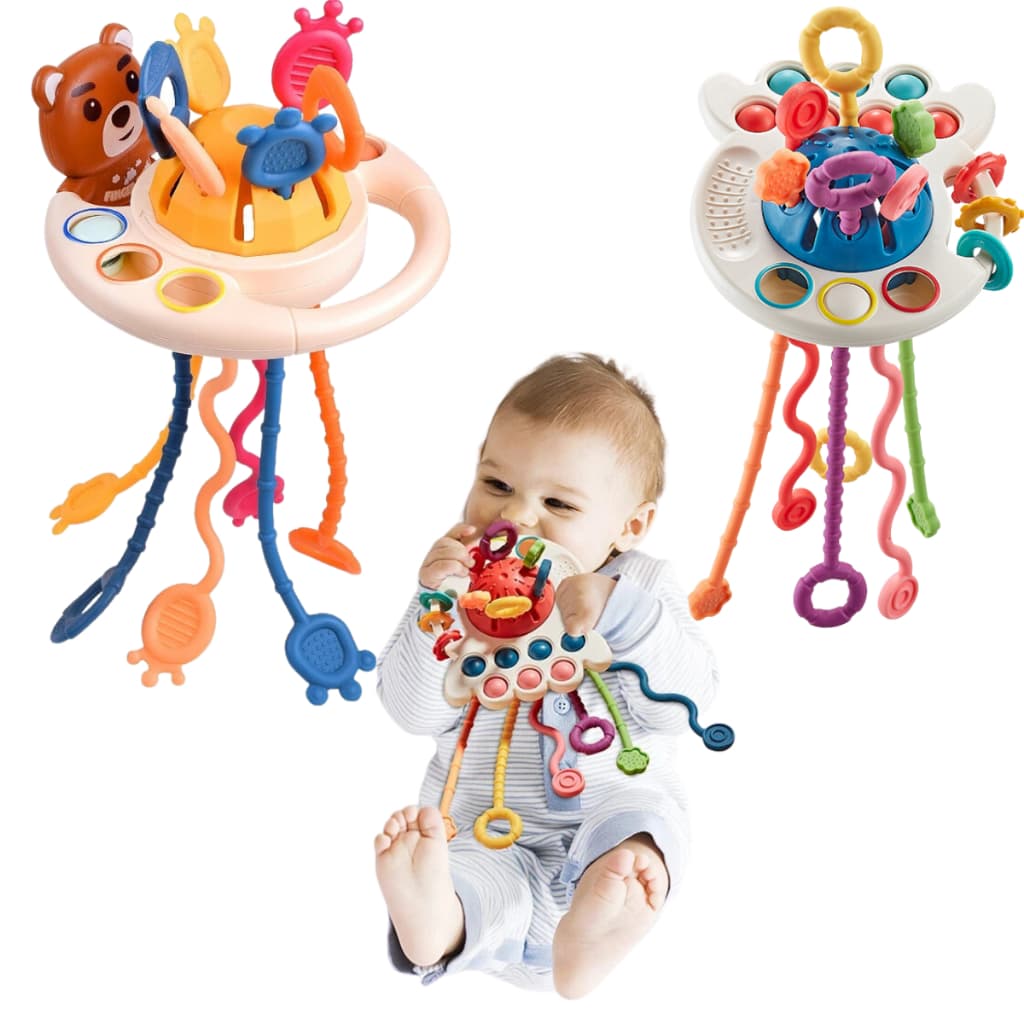 Brinquedo Bebê Montessori Mordedor Sensorial Silicone Atividade Cognitiva Chocalho Ovni Puxar Corda