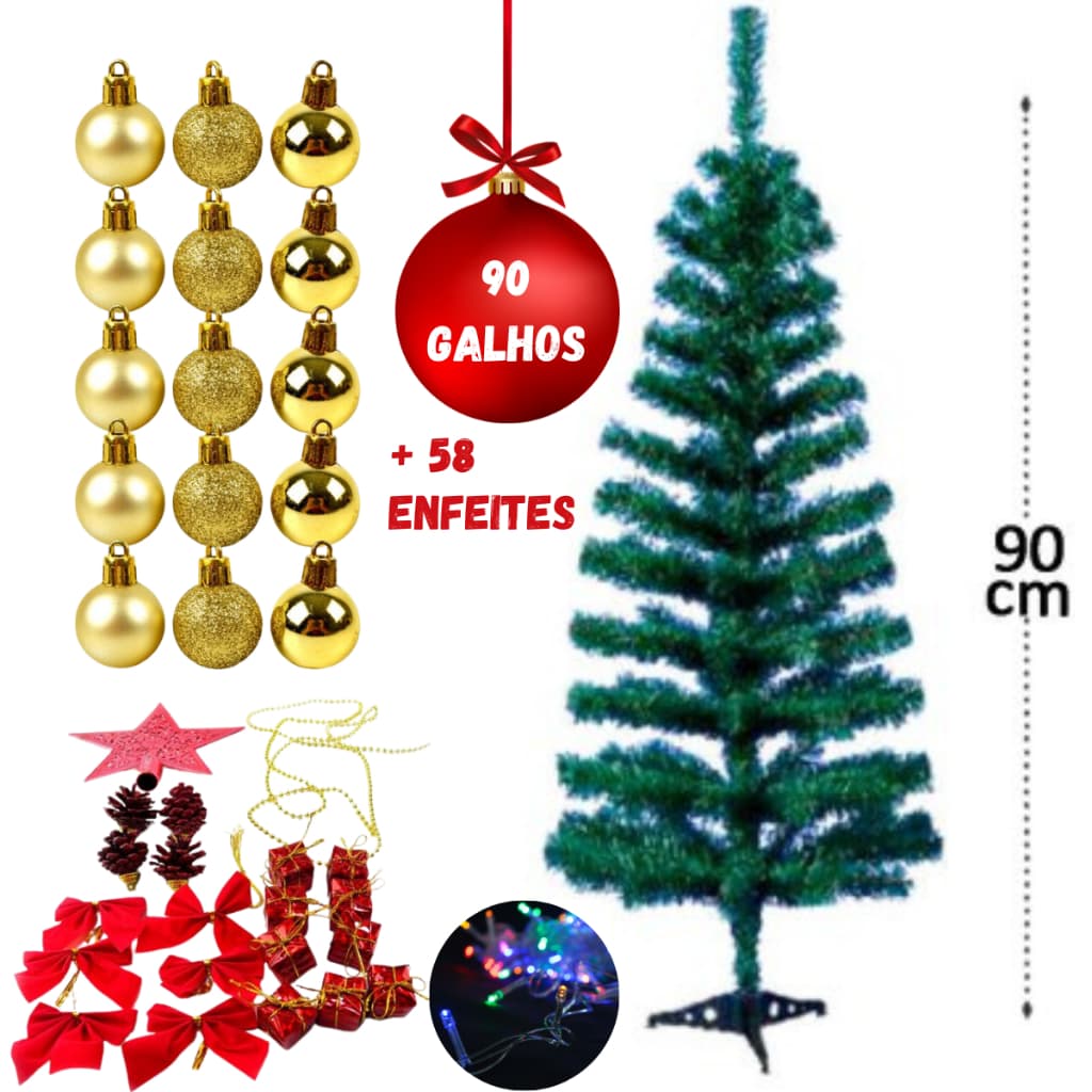 Árvore De Natal Verde Decorada 90cm 90galhos Com 58 Enfeites
