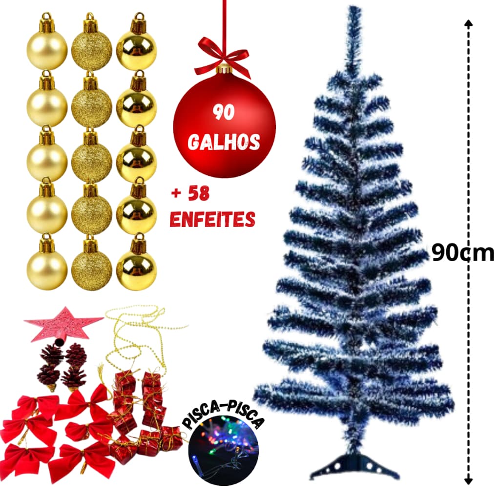 Árvore De Natal 90cm 90 Galhos Nevada Decorada +58 Enfeites