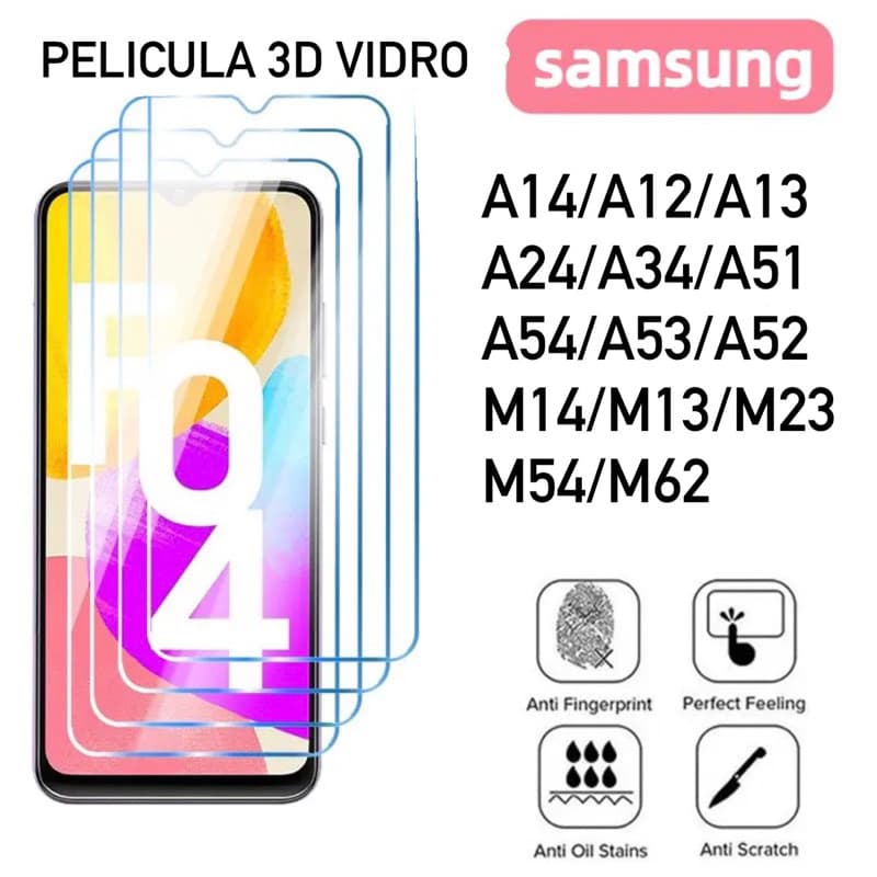 Pelicula De Vidro 3D Para SAMSUNG A14/A24/A15/A05/A05S/A23/A34/A54/55/A12/A13/A52/A53/A51/M52/M62/M54/M14/M34/M35/M13/M23  Protetor de Tela Cobre Tudo