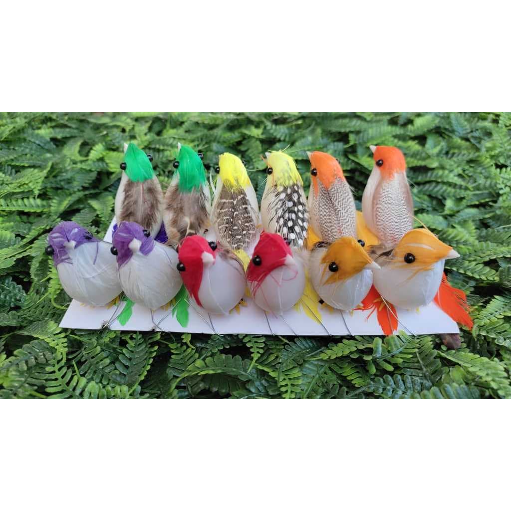 12 Passarinhos 10,5cm Artificiais Coloridos Decoração Jardim Festas Pena Natural