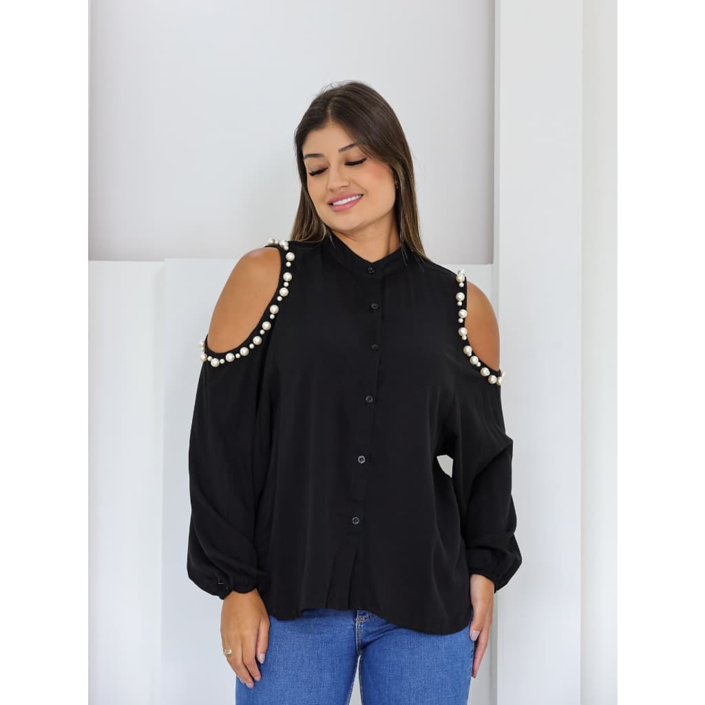 CAMISA MANGA LONGA ABERTO NO ONBRO E COM PEDRINHA