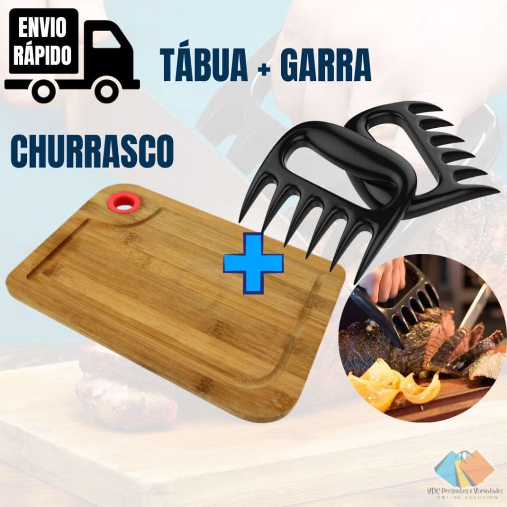 Kit Churrasco Tábua de Carne Corte de Bambu Ecológico + Par de Garras De Urso Desfiar Cortar Carne Frango Atóxica
