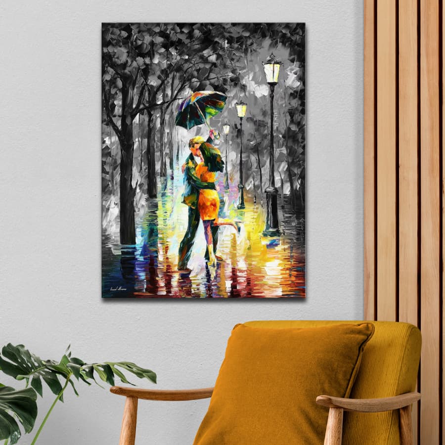 Quadro decorativo Casal na Chuva impressionismo abstrato preto branco e colorido releitura leonid afremov tela acetinada