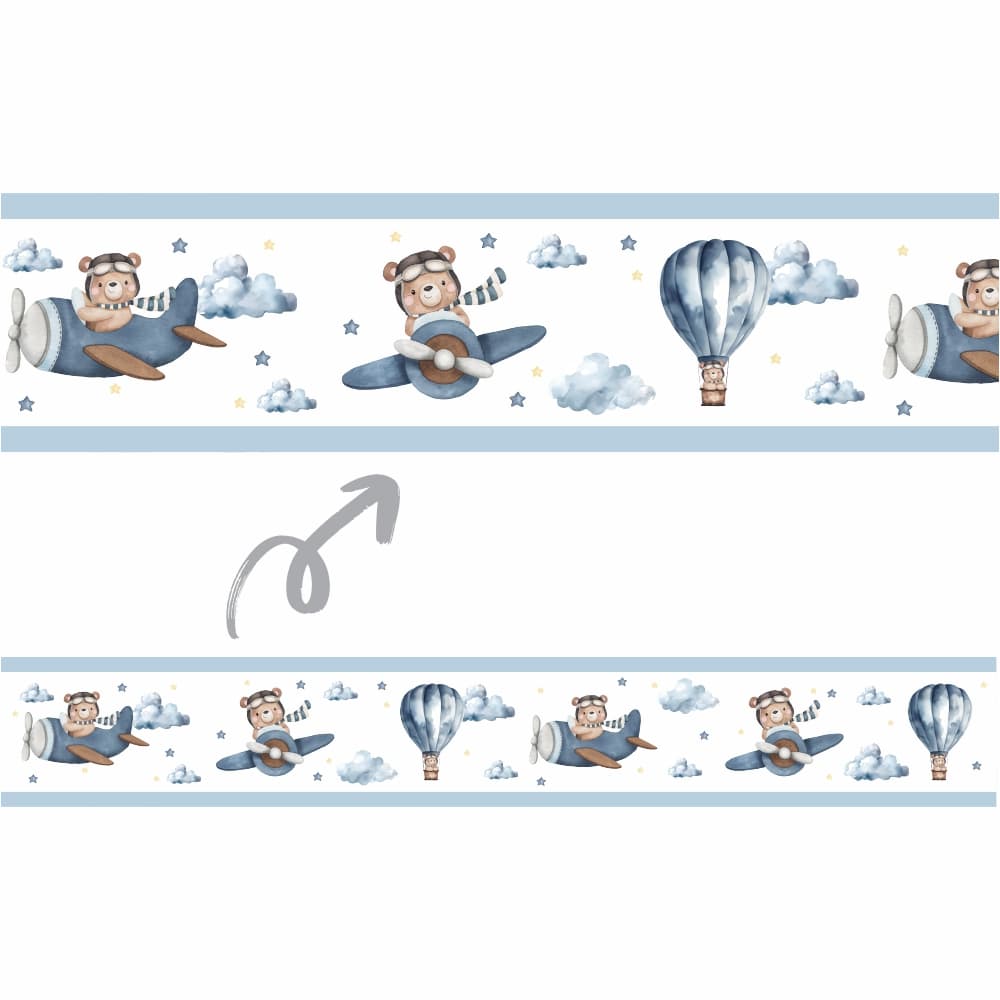Faixa Adesiva Decorativa Ursinho Aviador Baloeiro para quarto de bebê decoração Infantil
