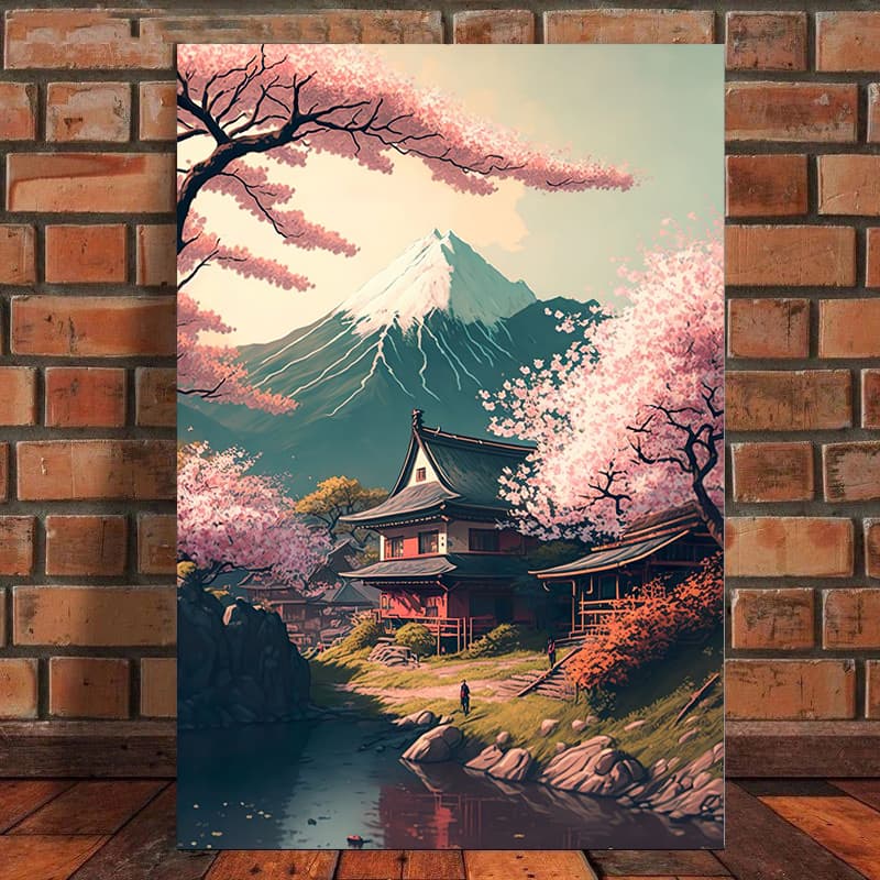 Quadro japonês vila Fuji montanha, estética parede arte para quarto, decoração de casa