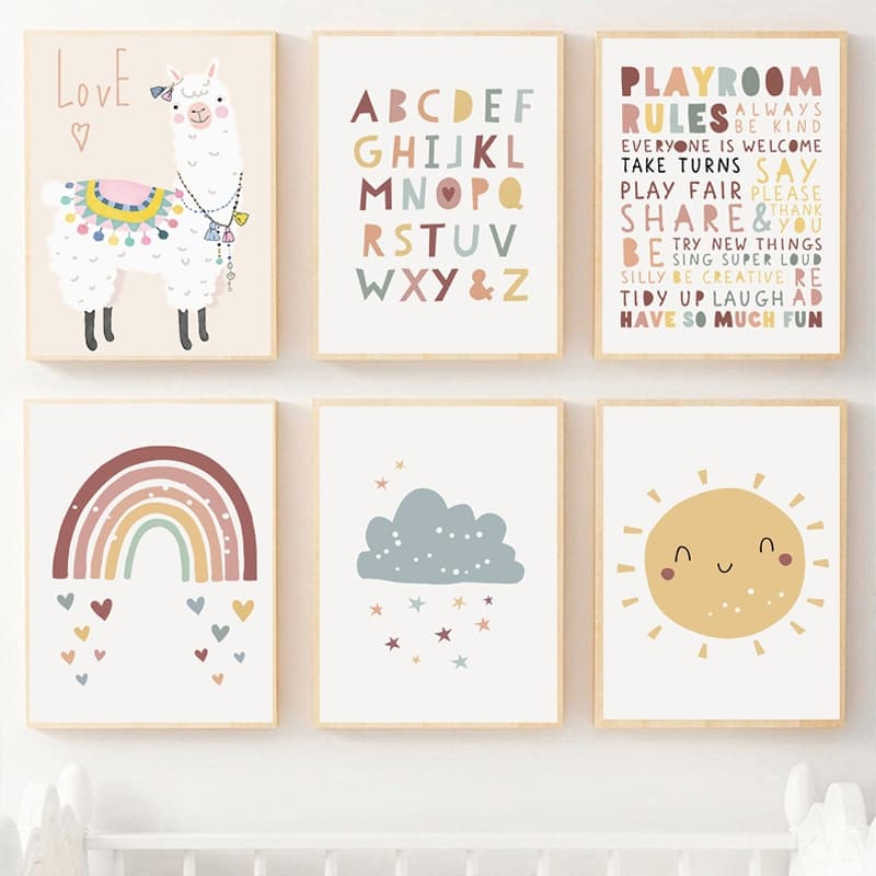Quadro Berçário Alpaca, Sol, Arco-íris, Nuvem, Alphabet Art Prints, Nordic Wall Pictures for Kids Room Decor