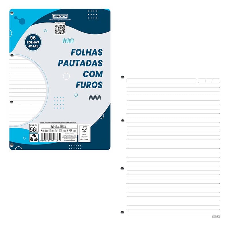 Folhas pautadas para fichario com furos