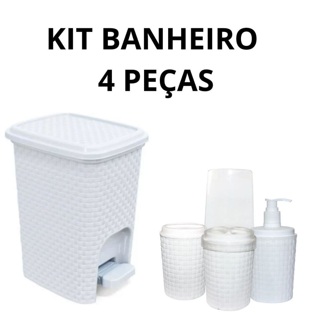 Kit Jogo Banheiro 4 Peças Lixeira Banheiro Pedal 7 Litros Plástico Cesto Escritório Branca Rattan + Porta Escova + Porta Dispenser Sabonete Liquido + Porta Cotonete Algodão