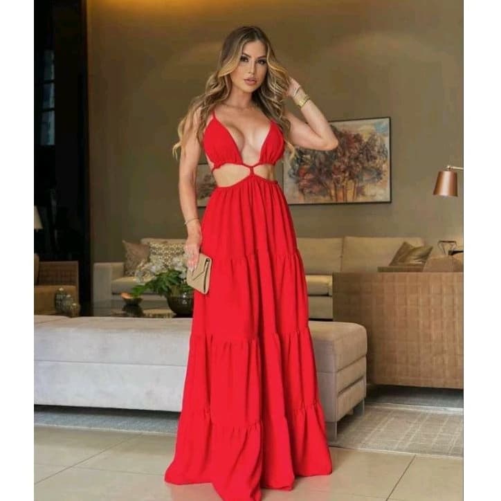 Vestido feminino longo com camadas, costa nua e moda blogueira verão
