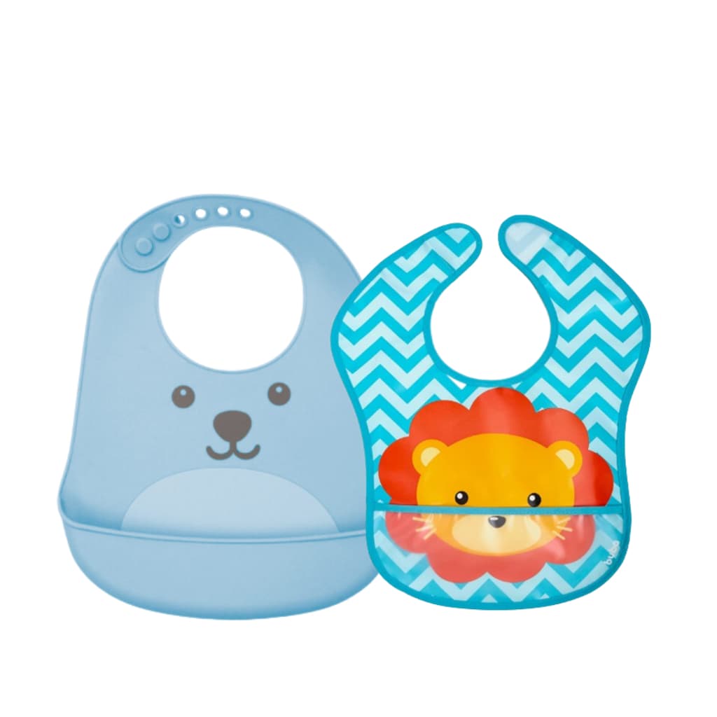 Kit babador de Silicone Buba + Babador Impermeável Buba com Bolsos Pega Migalhas (Kit 2 Babadores Buba) Babador Menino Azul Leão