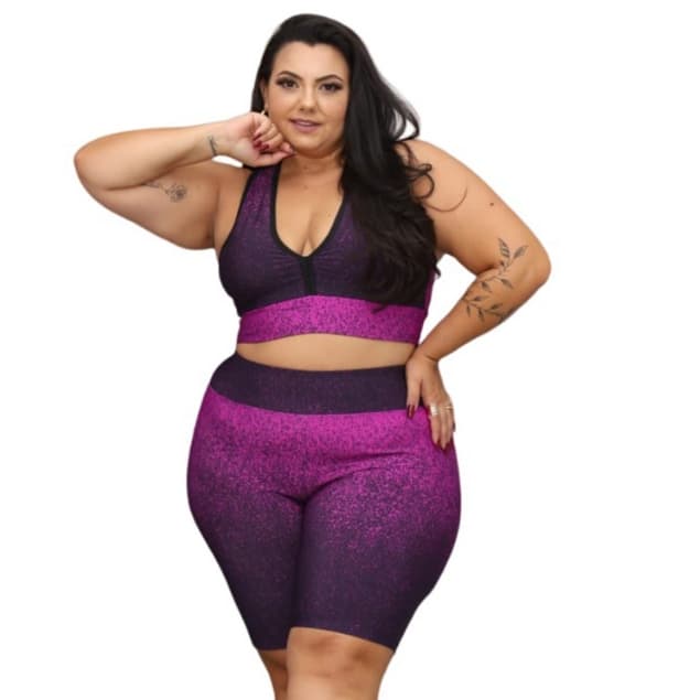 Conjunto Plus Size Top Cropped e Bermuda Cintura Alta Degradê Academia