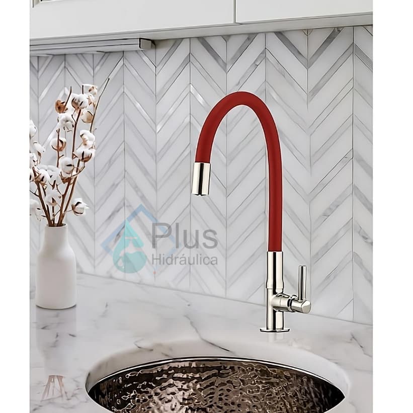 Torneira Color Vermelha Bancada Tubo Silicone Flexível