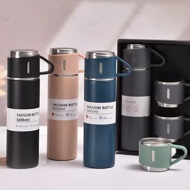 Kit Com Garrafa Térmica 500ml E 2 Copos Individuais Em Aço Inoxidável