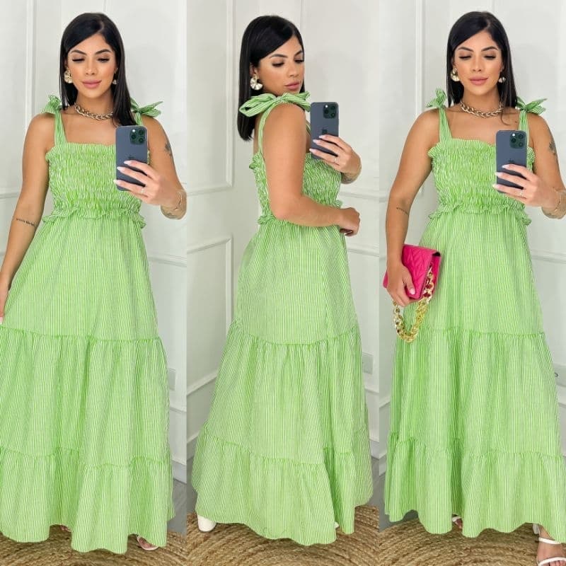 Vestido longo feminino de alça em elastex tricoline listrado com forro