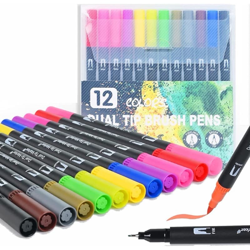 Kit 12 Canetas Duas Pontas Brush Pen & Fineline Ponta Pincel Ponta Fina 2 em 1