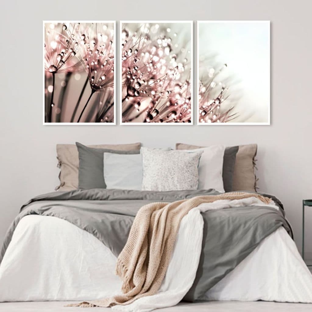 Trio de Quadros Flor Dente de Leão Tons de Rosa Moldura Caixa TokQuadros