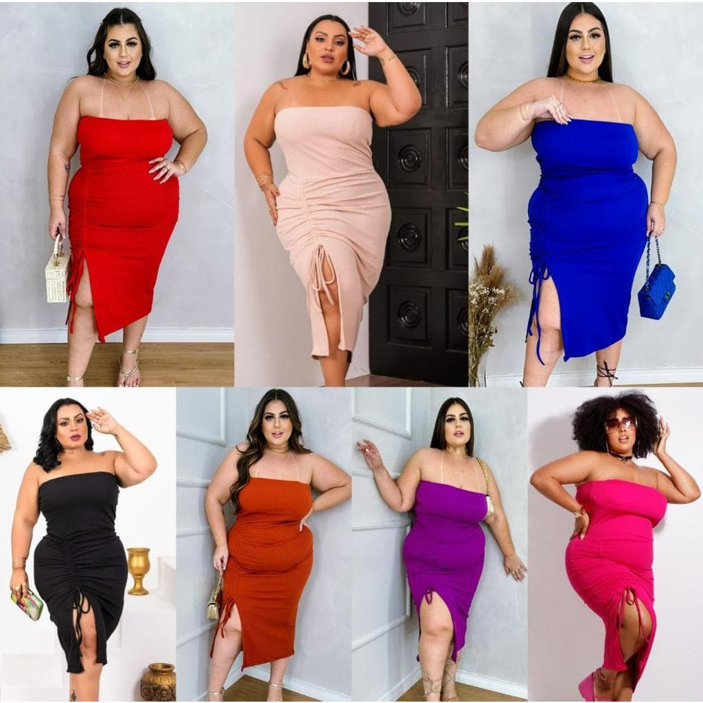 Vestido Plus Size Regata Canelado Luxuoso Colado Drapeado Com Fenda Ajustável