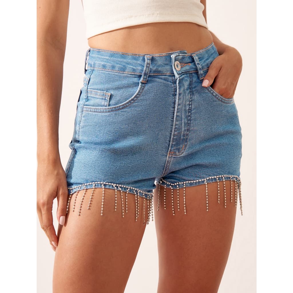 short  jeans com strass pedras brilhoso Bainha  Franja com lycra bolso azul cintura alta(MODERAGEM PEQUENO) Carnaval