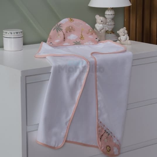 Toalha De Banho Bebe Dupla Face Com Capuz Forrada com fralda Safari Salmão Rosa