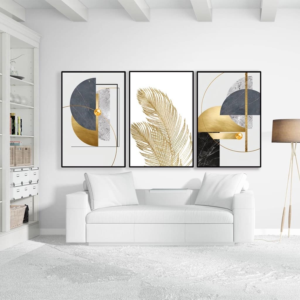 Quadro decorativo 3 peças 40x60 padrão de arte geométrica abstrata moderna dourada para sala quarto