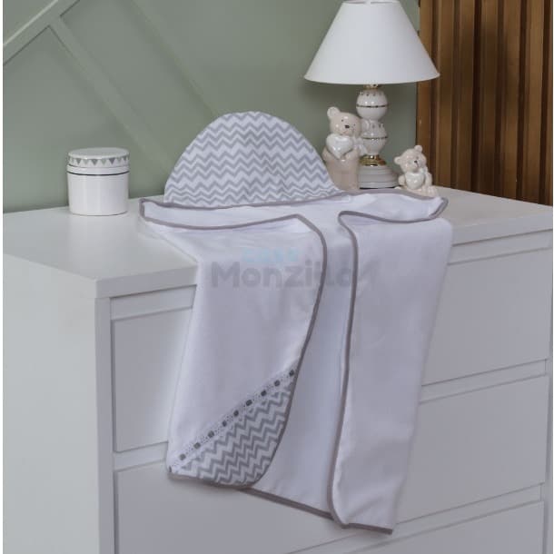 Toalha De Banho Bebe Dupla Face Com Capuz Forrada com fralda Chevron Cinza
