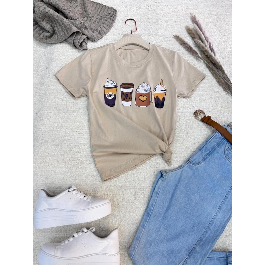 Camiseta T-Shirt Feminina Algodão Gola Careca simples/Estilo INS /padrão de sorvete/BEGE