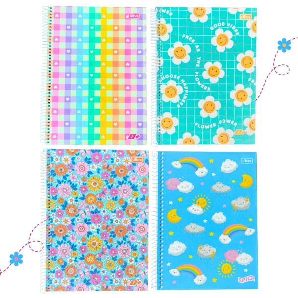 Kit 4 Cadernos 1 Matéria 80 Folhas Grande Tilibra Espiral Escolar Meninas Flores