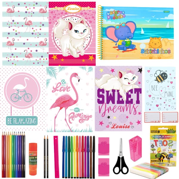 Kit 7 Cadernos Menina Brochura Grande Artes Recado Capa Dura Escolar Menina