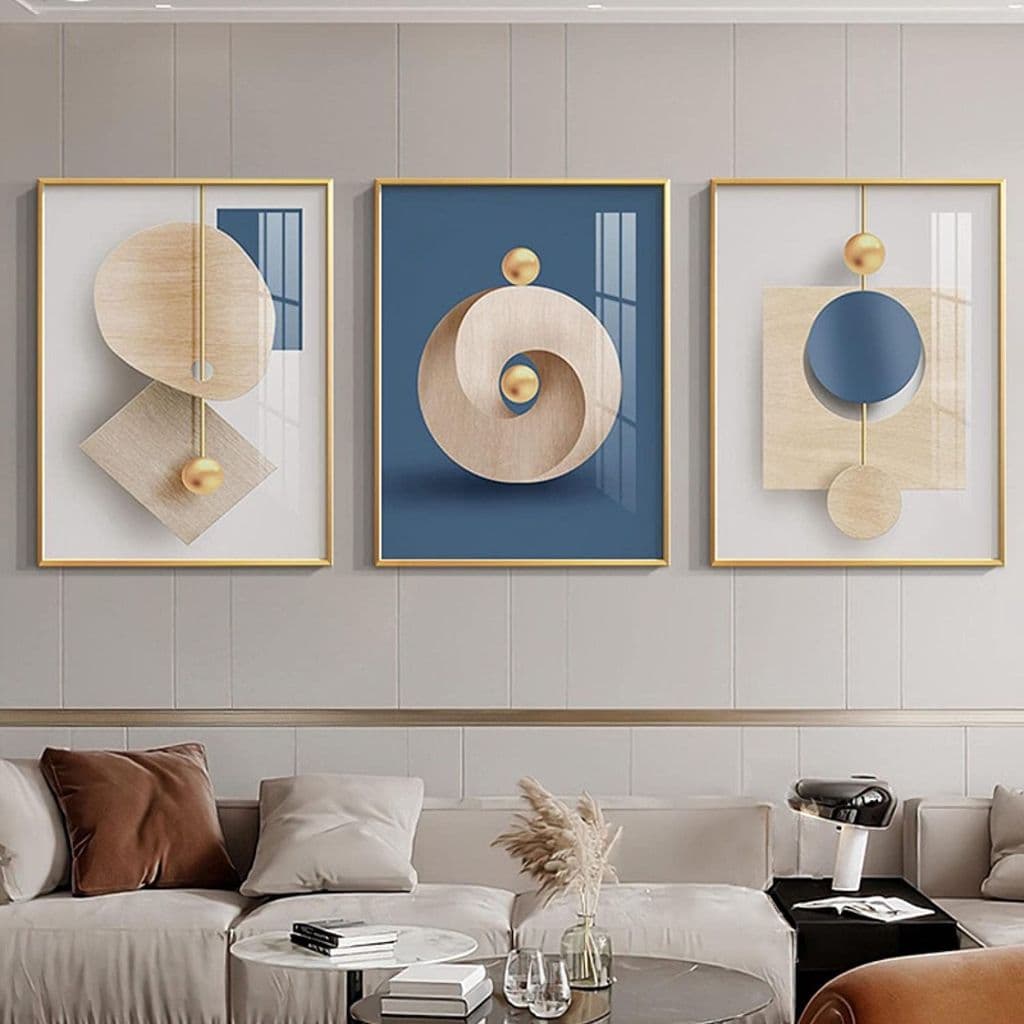 Quadro decorativo 3 telas Abstrato nórdico azul e branco