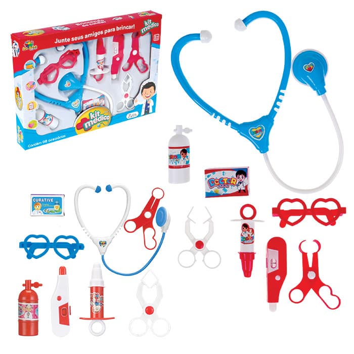 Kit Médico Brinquedo 8 peças Infantil Minidoutor Estetoscopio azul/vermelho