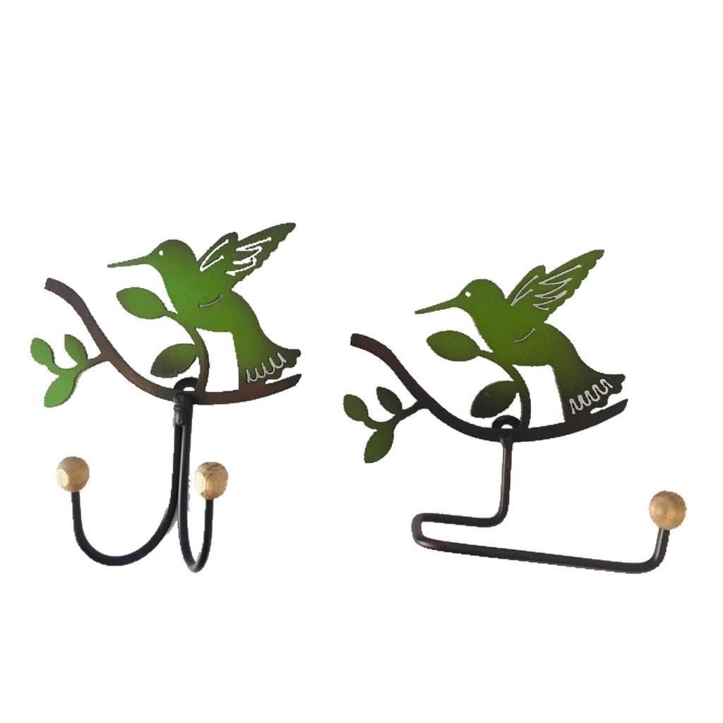 Kit Cabide Porta Toalha E Papel Higiênico Beija-flor Ferro Verde
