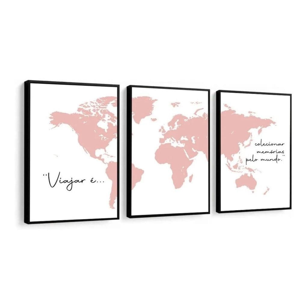 Kit Quadros Decorativos Mapa Mundi Viajar Frase Rosa Sala
