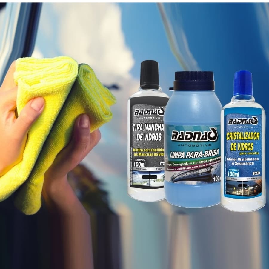 Kit limpeza de vidros c/ Limpa Para-Brisa 100 ml  + Tira Manchas 100 ml + Cristalizador de Vidros 100 ml - RADNAQ