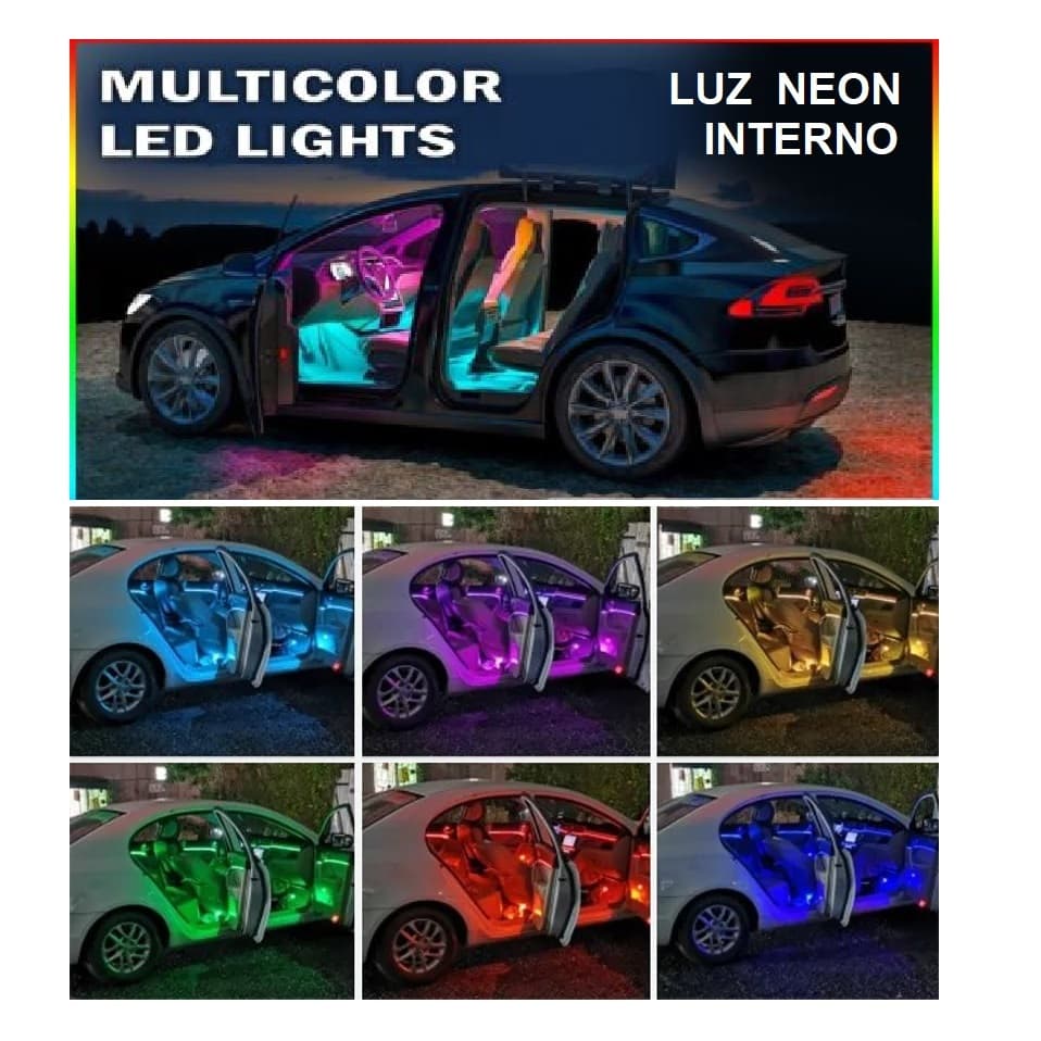 Fita LED Luz Neon Interno Carro Multicores RGB Tuning Plug 12V Acendedor  Controle Remoto Memória
