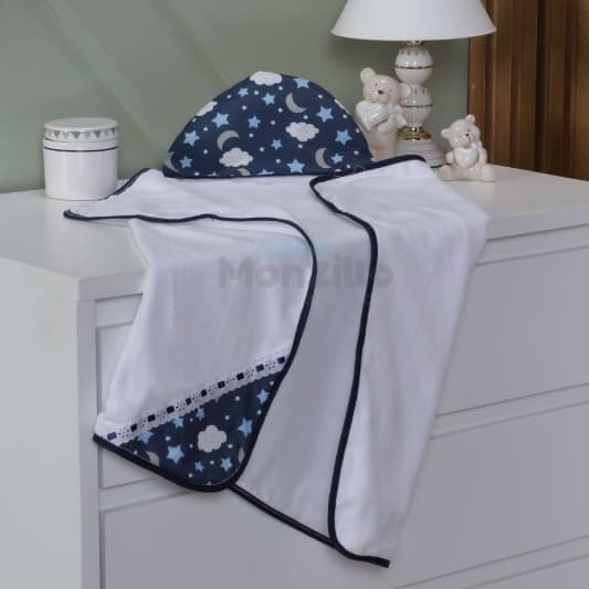 Toalha De Banho Bebe Dupla Face Com Capuz Forrada com Fralda Céu Azul