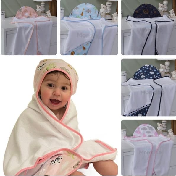 Toalha De Banho Bebê Dupla Face Com Capuz Forrada com Fralda 100% Algodão Presente + Estampas