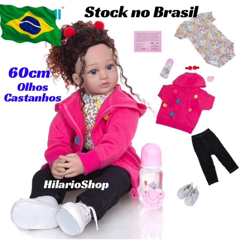 Boneca bebê reborn , cabelos encaracolados , olhos castanhos e corpo de cotton Pp.