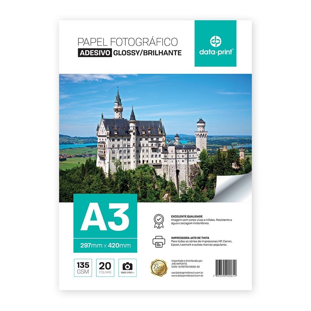 Papel Fotográfico A3 135g Adesivo Glossy Com 20 Folhas DATA-PRINT