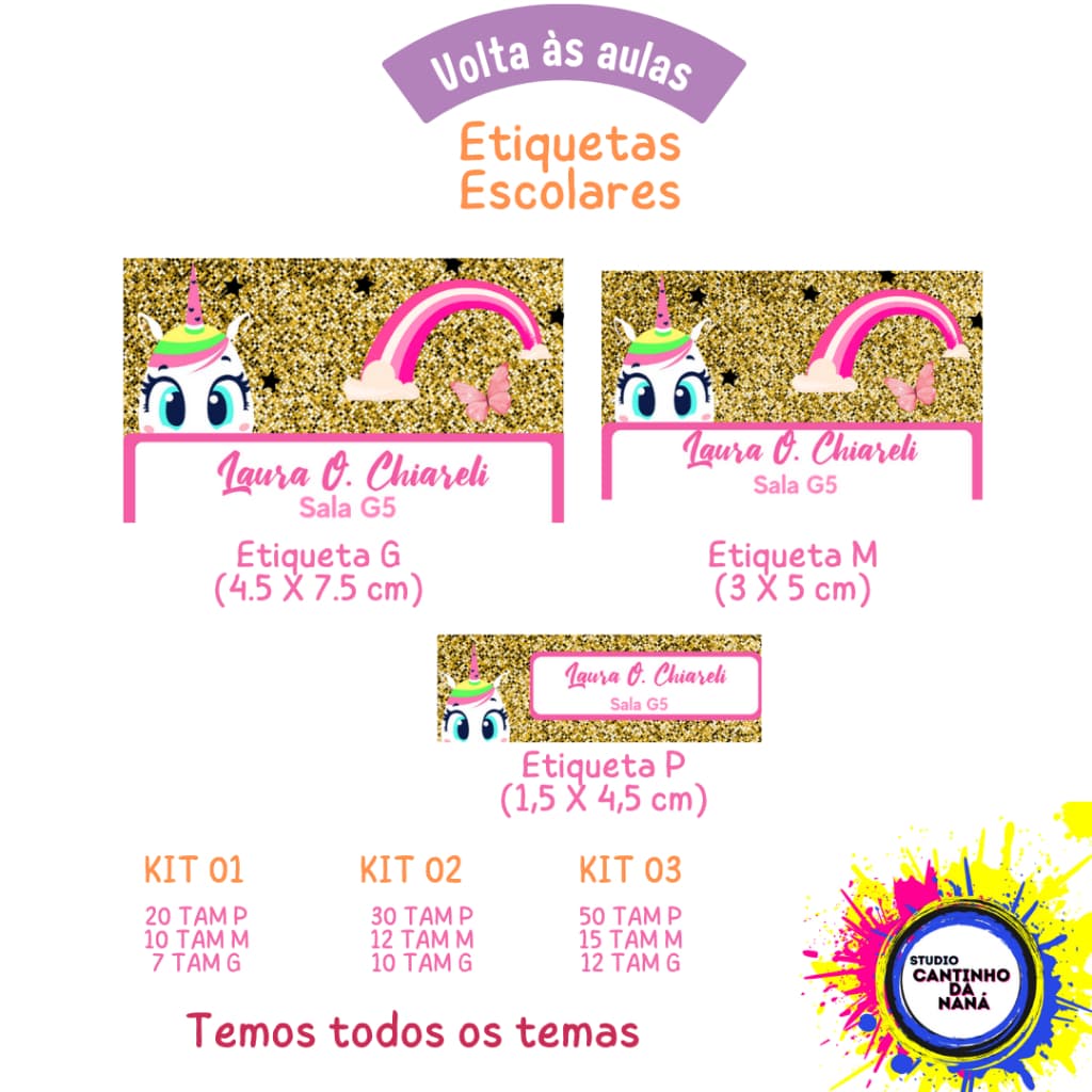Kit Etiquetas Adesivas Escolares para lapis caderno livro todos os temas