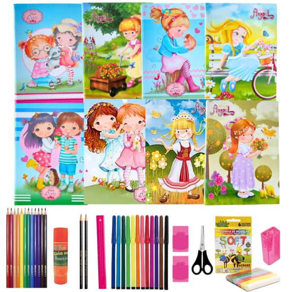 Kit 8 Cadernos Brochura Unicórnio +material Escolar Completo Canetinhas Cola Borracha lápis de colorir Menina bonita tesoura Escrever