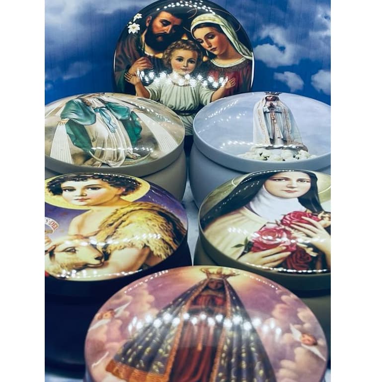 KIT POTE DE ALUMINIO DECORATIVO IMAGEM RELIGIOSA 130ML C/ 6 OU 12 (UNI) / PORTA VELAS/ KIT SECO