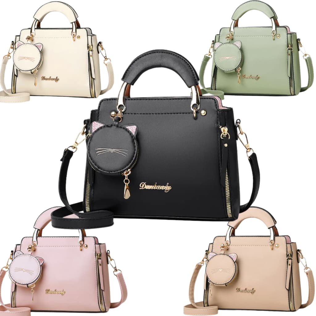 Bolsa Feminina de Ombro Mão Transversal Social Média em Couro PU Chaveiro Gatinho Passeio Luxo