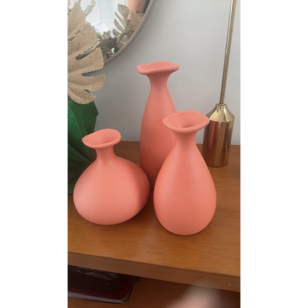 Trio Vaso Porto Garrafa De Cerâmica Decorativa Para Decoração Sala Suculenta Terracota
