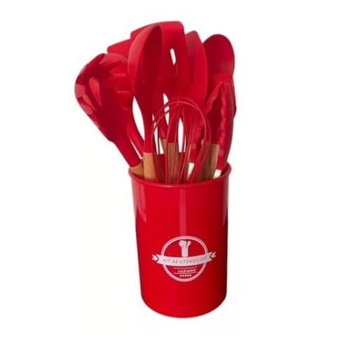 Kit Utensílios Cozinha 12 Peças De Silicone Com Copo Suporte