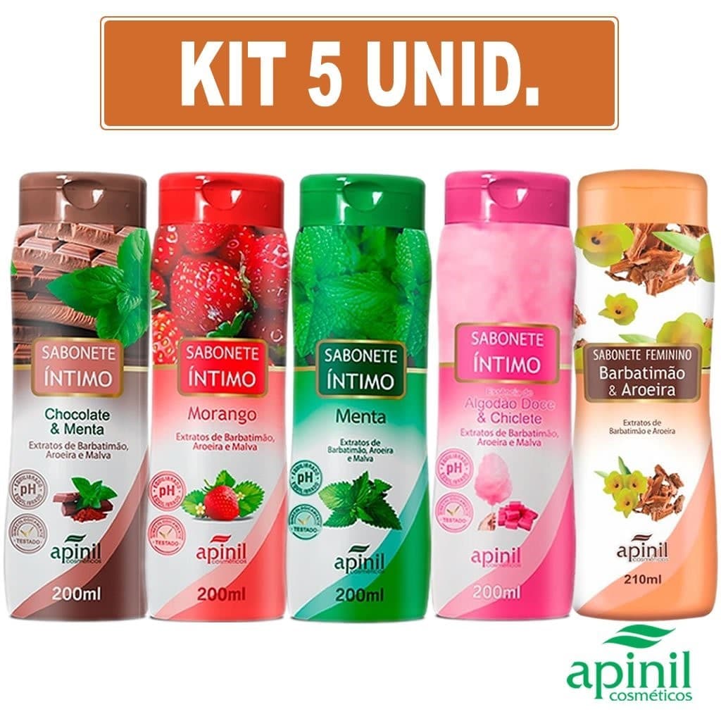 KIT 5 Sabonete Líquido Íntimo p/ Banho Apinil Fragrâncias Sortidas