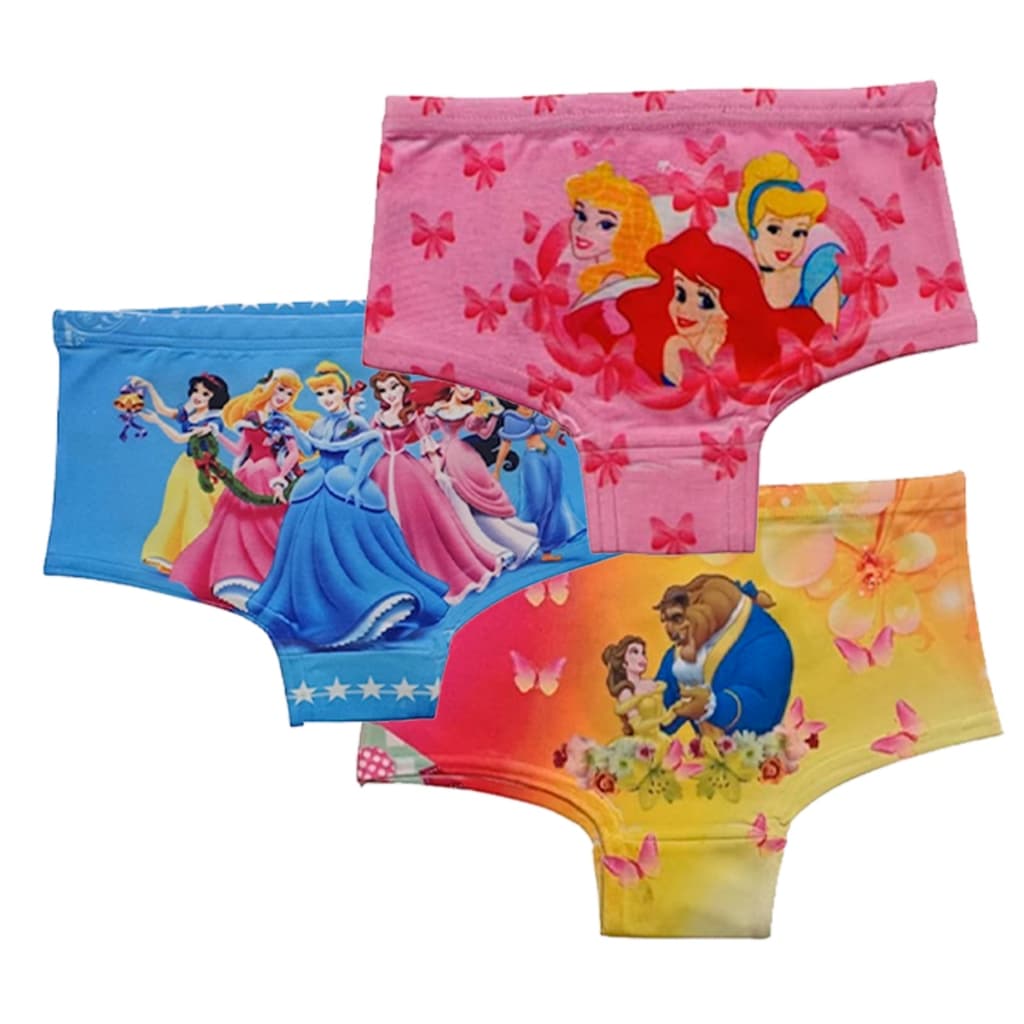 Kit 3 Calcinhas Infantil Estampada Princesas com Elástico Embutido