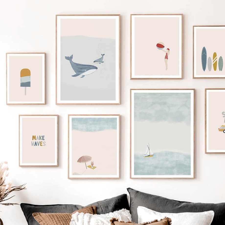 Quadro de Praia, Oceano, Baleia, Prancha de Surf, Carro, Sorvete, Kids Room Decor